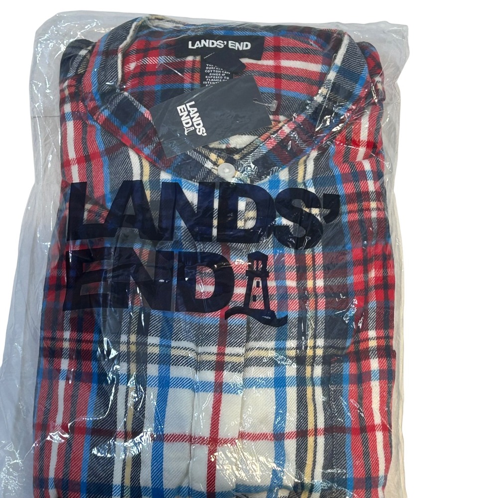 Lands End Womens XL 18 Red Blue Plaid Flannel Tunic Long Sleeve Band Collar NEW